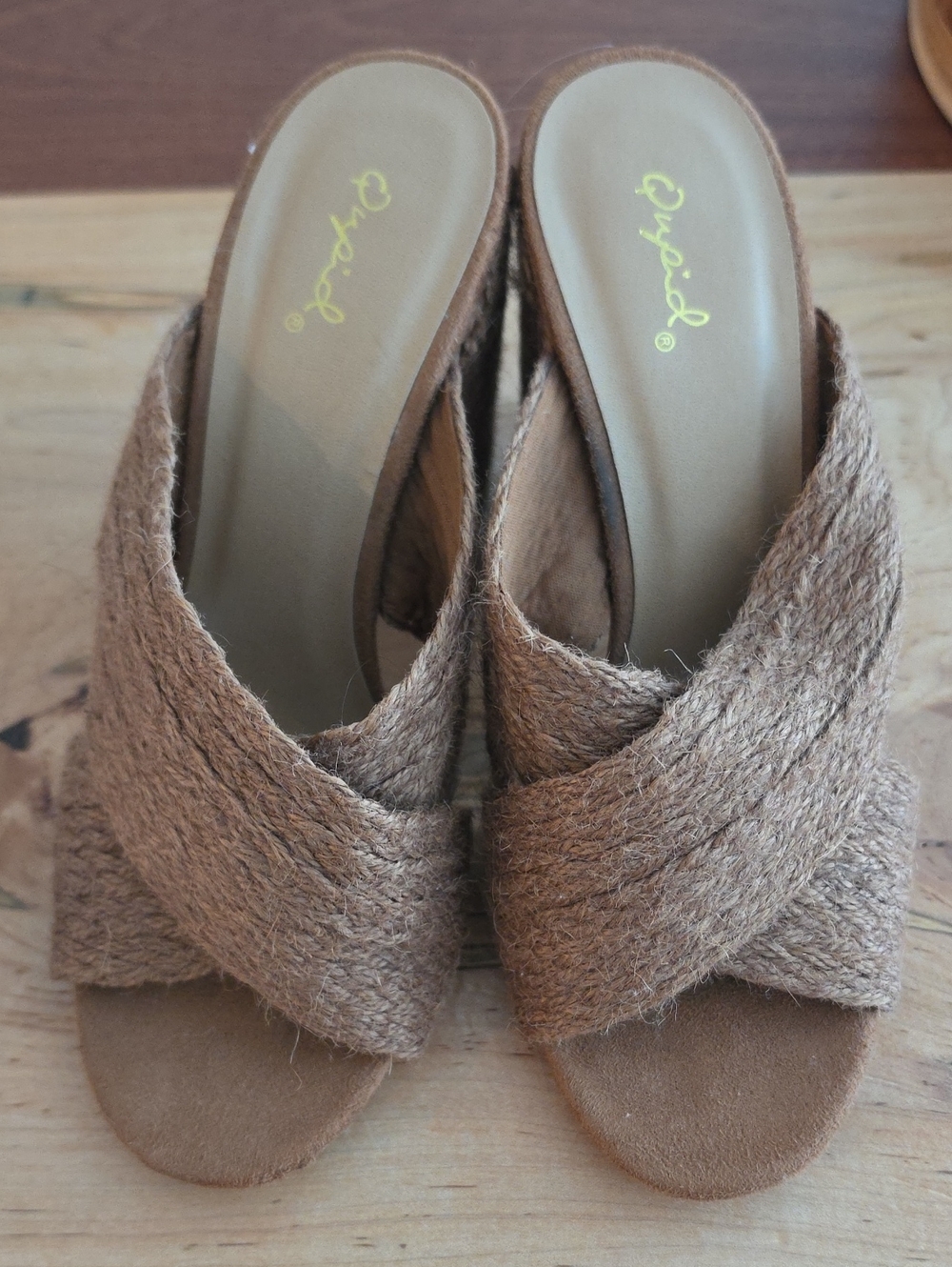 Qupid Tan Woven Cross‑Strap Slide Mules